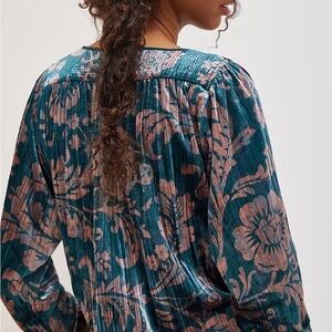 Anthropologie green teal pink velvet blouse